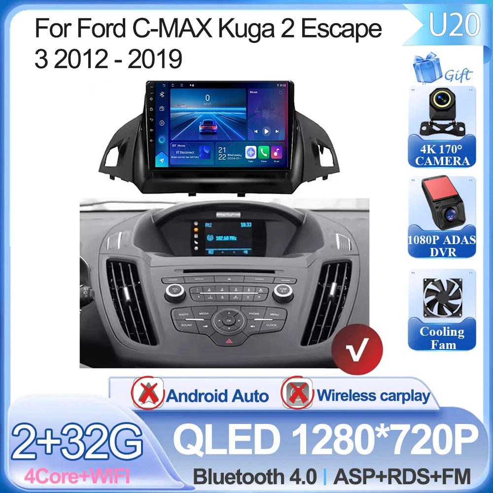 For Ford C-MAX Kuga 2 Escape 3 2012 - 2019 Android 15 Car Radio Multimedia Video Player Navigation Carplay Auto BT 2DIN DVD 5G