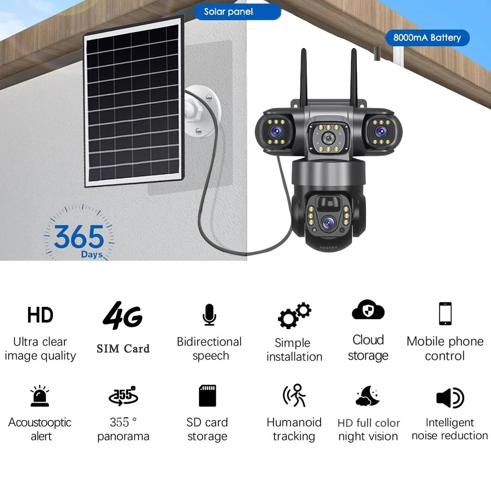V380 Pro 3 Lens  IP Solar Camera HD 15 MP Outdoor Waterproof CCTV Night Vision Two-Way Audio Camera Mobile Tracking 4G IP Camera