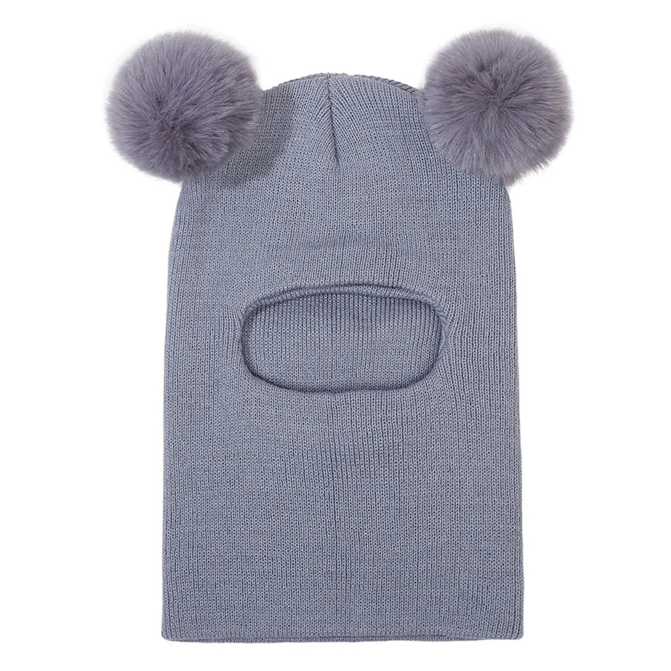 Kids Yarn Knit Balaclava Cap Autumn Winter Pullover Ear Protection Double Ball One-piece Baby Christmas Gift Hat