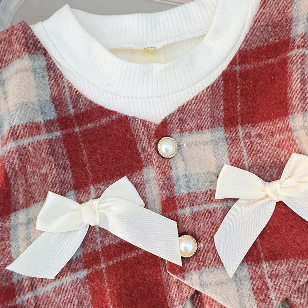 Baby Clothes Girl Spring And Autumn Bow And Plaid Fake Two Pieces Long-Sleeved Baby Dresses Cute Casual Girl Kid's Dress