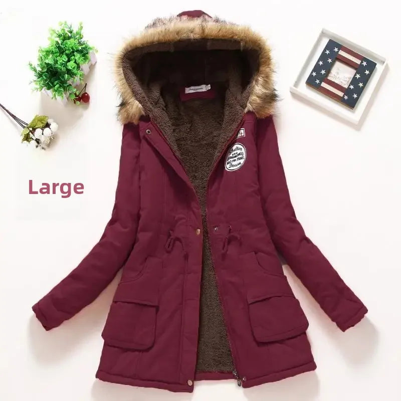 Korean Style Thickened Long Cotton Jacket Women's Winter Coat with Fleece Lining And Fur Collar Slim Fit plus Size Top