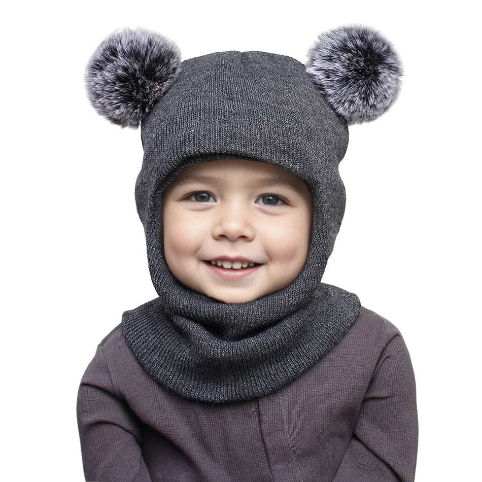 Kids Yarn Knit Balaclava Cap Autumn Winter Pullover Ear Protection Double Ball One-piece Baby Christmas Gift Hat
