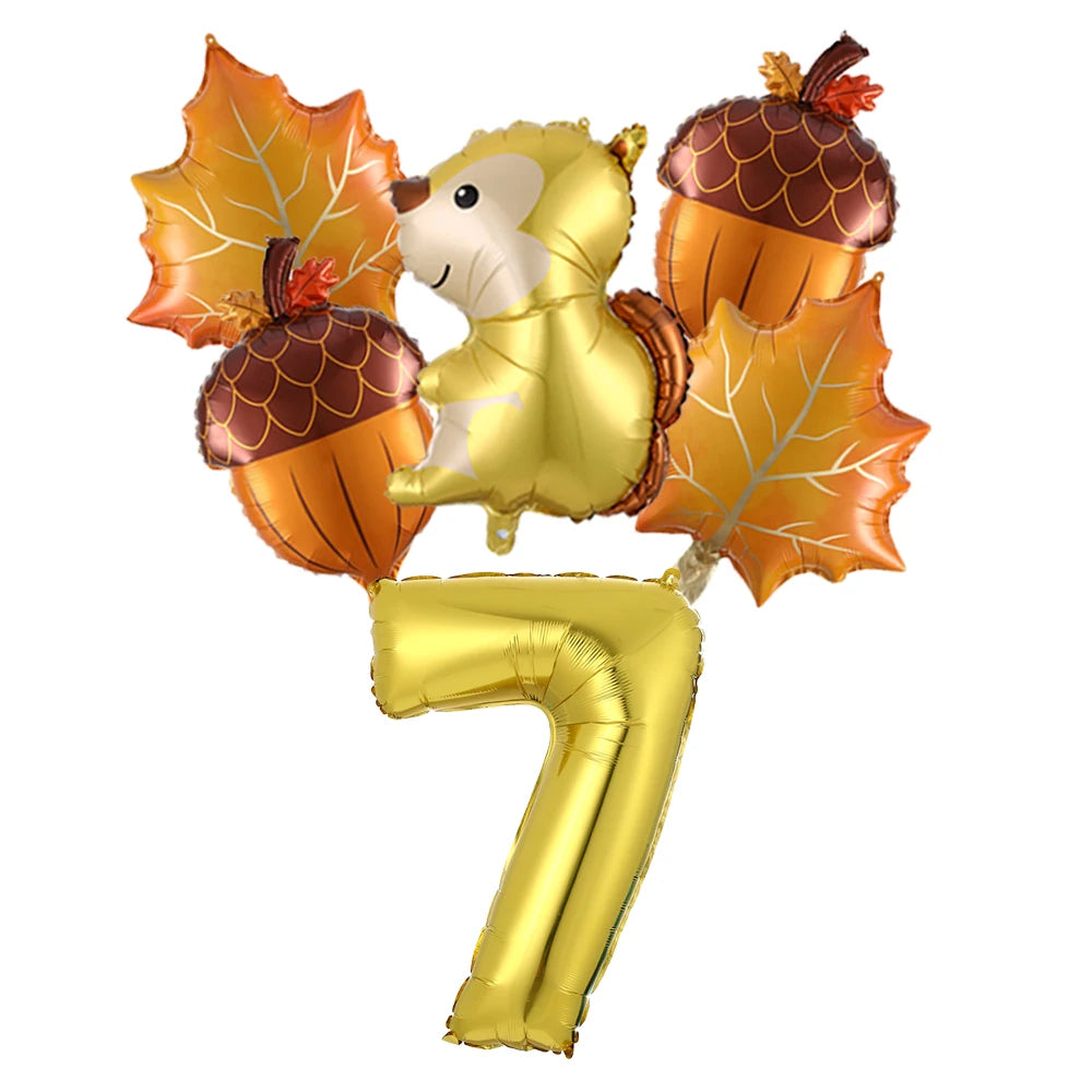 6Pcs Autumn Forest Animals Kids Birthday Party Decoration Squirrel Pine Cone Foil Balloon With 0-9 Number Ball Thanksgiving Gift