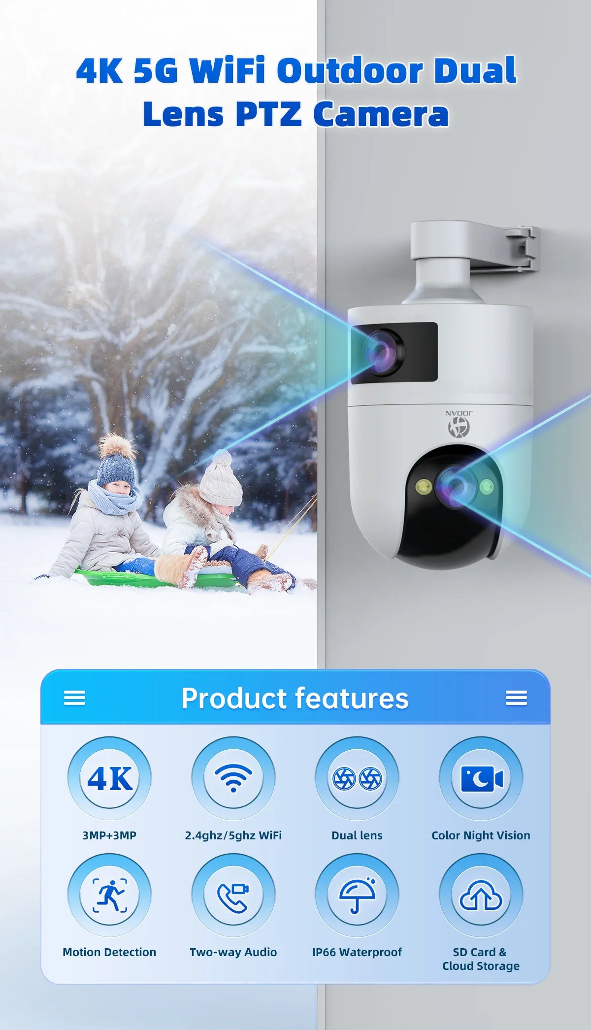 JOOAN 4K 6MP HD  PTZ Camera Outdoor Dual Lens Dual Screen AI Tracking 5G WIFI IP Camera Security CCTV Video Surveillance Cameras