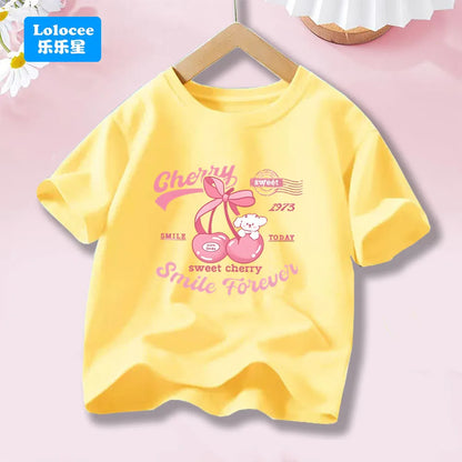 Girls' Fashion Cotton T-shirts with Cherry Fruit Pattern Short Sleeve Girls' Cute Summer Tee Shirts 3-14 Years YT01
