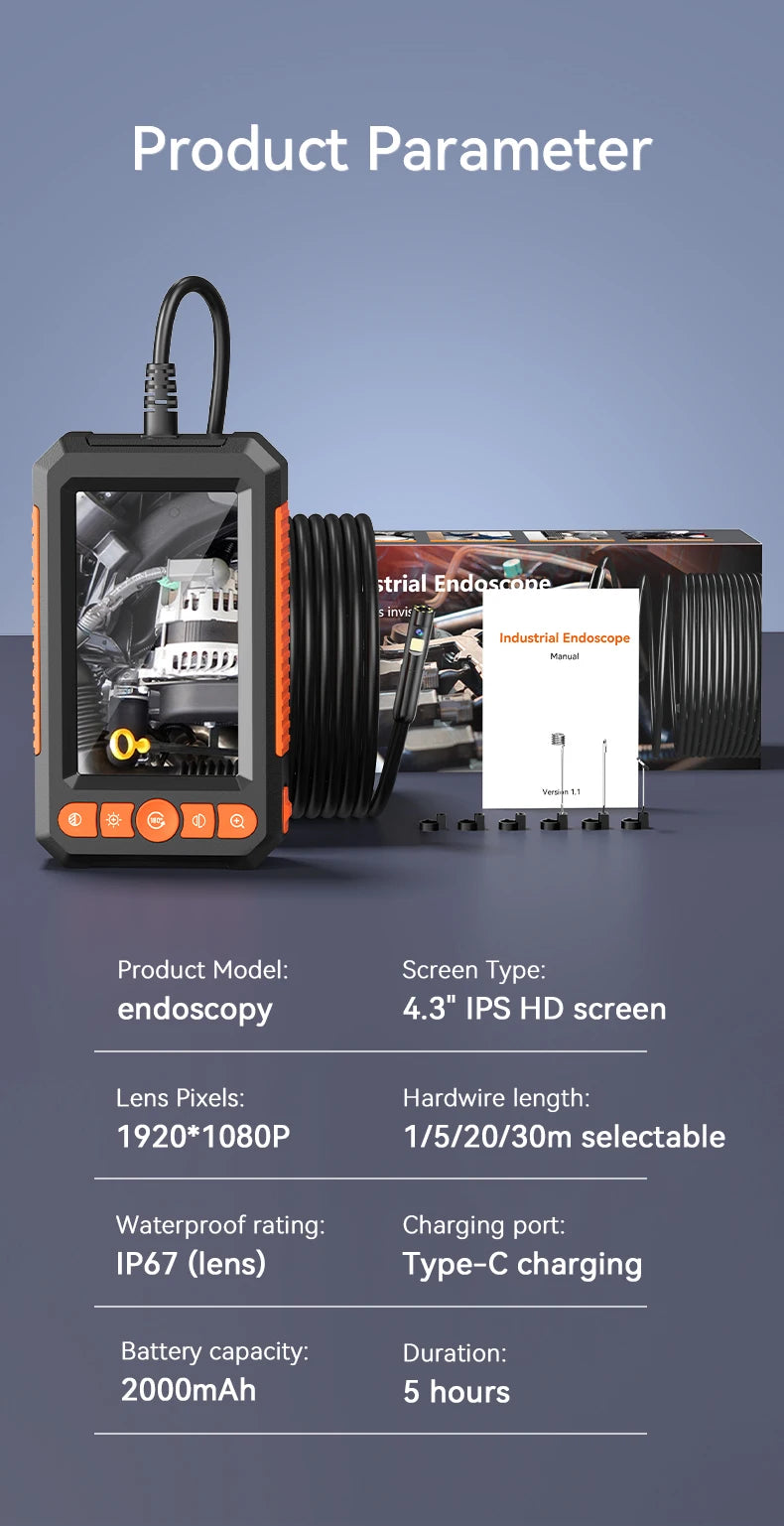 4.3 "Single&Dual Lens Industrial Endoscope Camera HD1080P Car Inspection Borescope IP67 Waterproof Sewer Camera With 8LEDs Hard