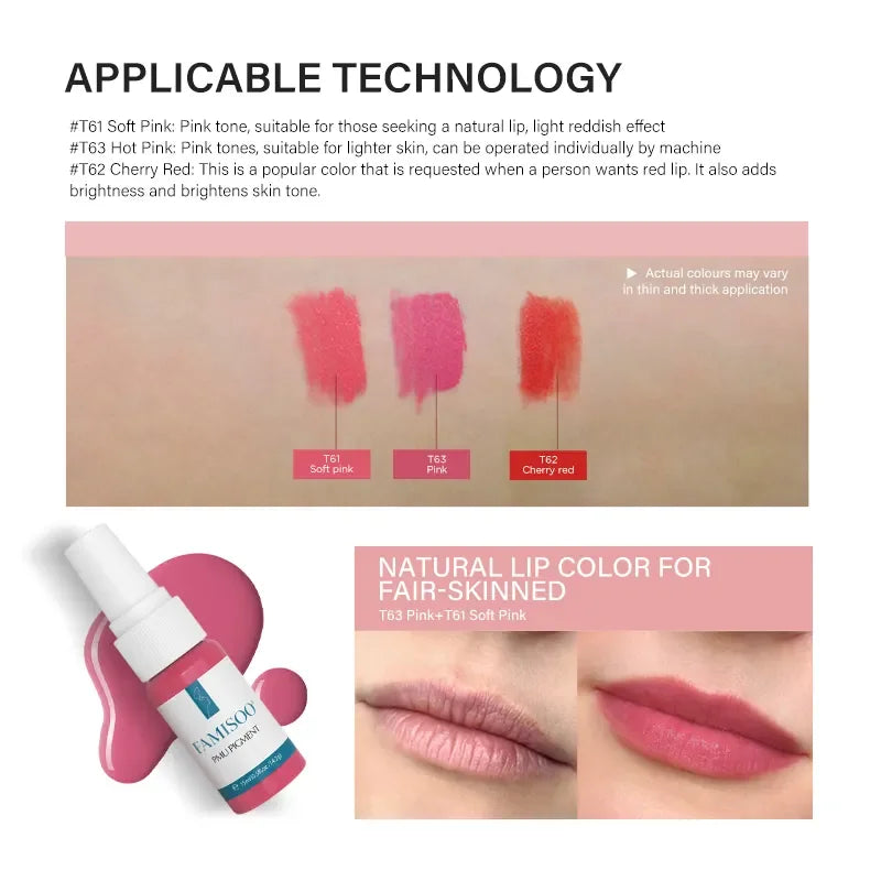 15ML FAMISOO Henna Lip Tattoo Ink Professional Permanent Makeup Pigment Rose Pink Lips Pigments Micropigmentation Tattoo Supplie