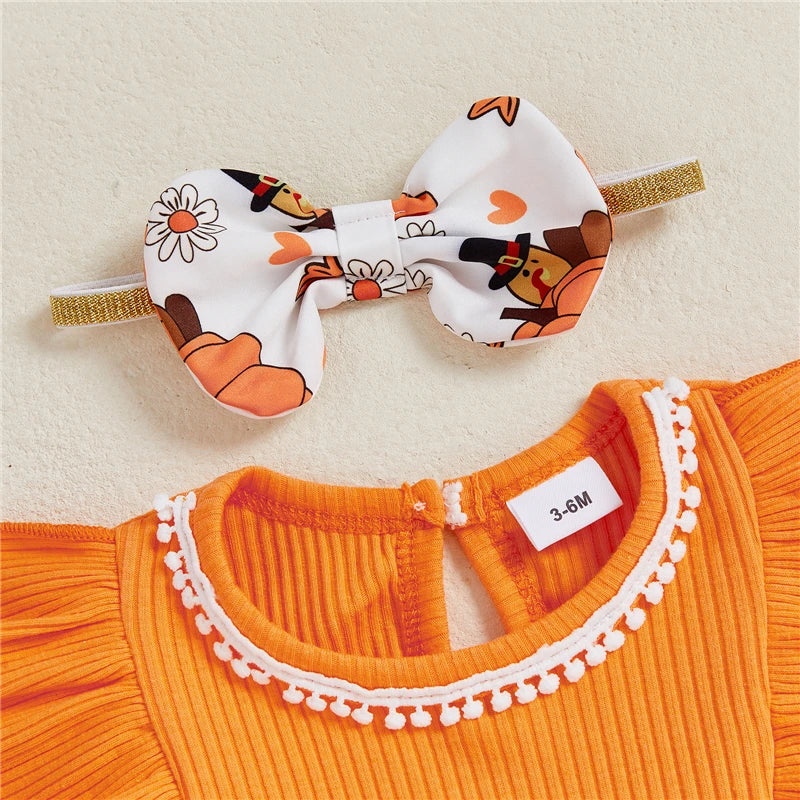 Toddler Infant Baby Girls 2Pcs Thanksgiving Outfits Long Sleeve Turkey Print Skirt Romper with Headband Set Newborn Clothes