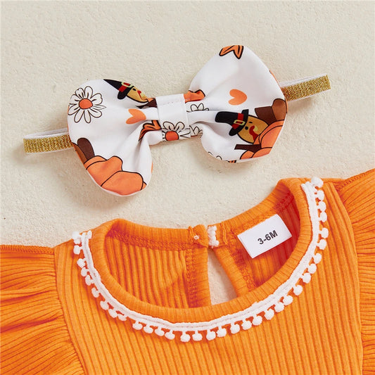 Toddler Infant Baby Girls 2Pcs Thanksgiving Outfits Long Sleeve Turkey Print Skirt Romper with Headband Set Newborn Clothes