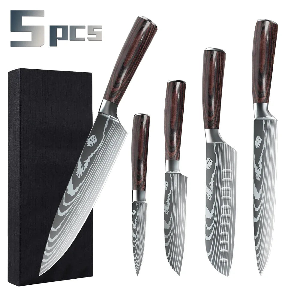 MDHAND Kitchen Knife Set 3-10PCS Professional Chef Knife 7CR17 Germany Stainless Steel Damascus Laser Cleaver Slicing Santoku