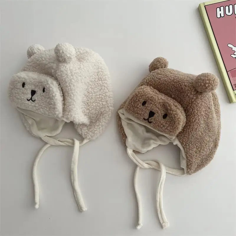 Cartoon Bear Plush Baby Hat Winter Polar Fleece Beanie Cap for Infant Korean Cute Warm Thicken Cotton Kids Ear Protection Hats
