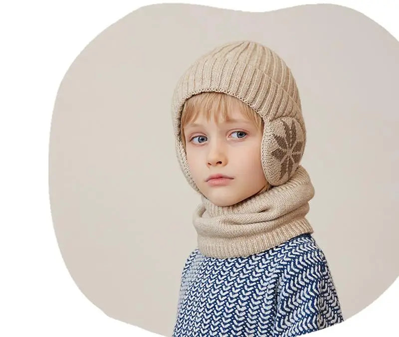 2Pcs Knitted Children Winter Hat Scarf Fleece Lining Ears Protection Kids Beanie Hats Neck Warmer Warm Child Boy Cap 4-10Y