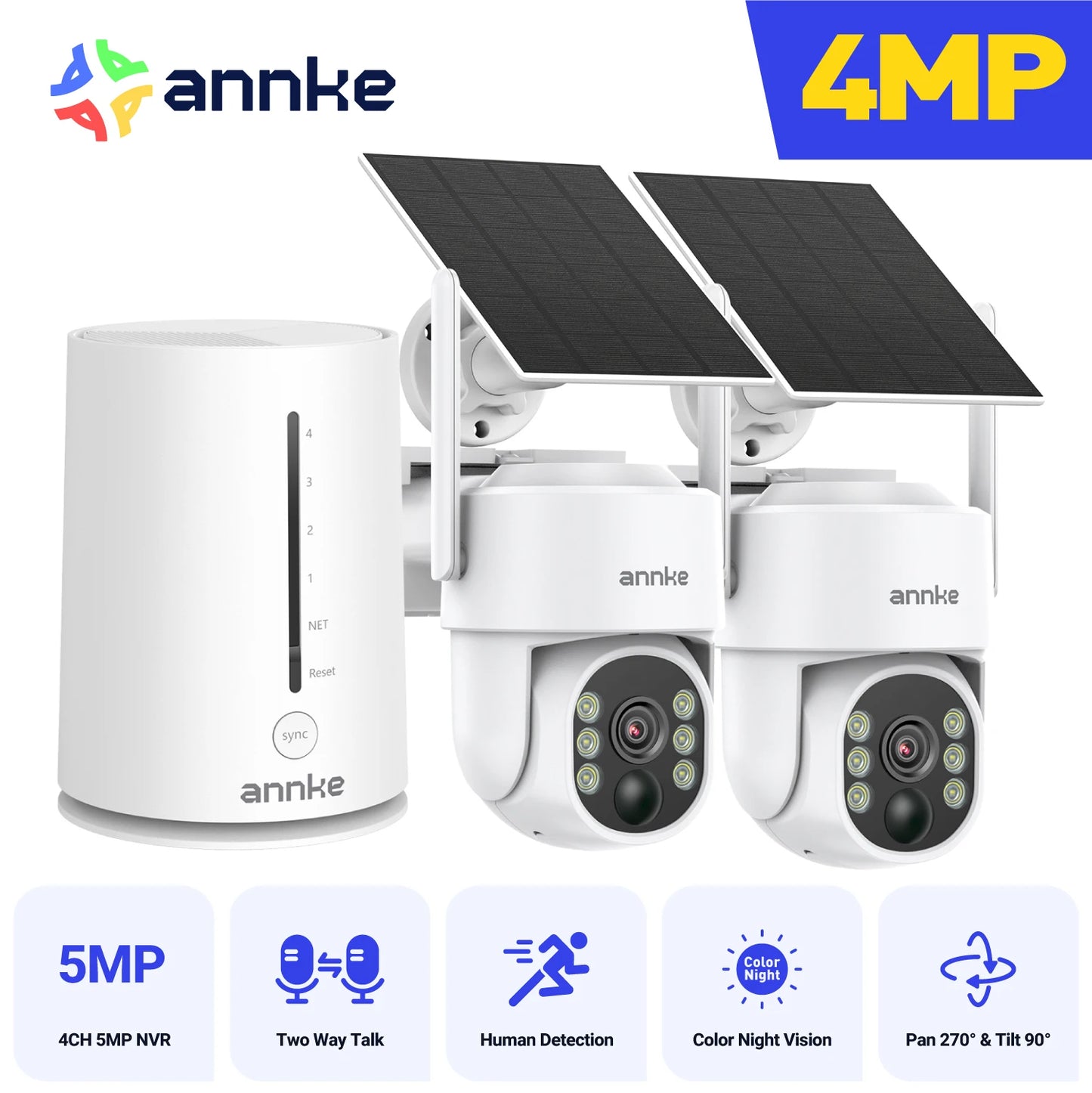 ANNKE 4MP Scalable Wireless Security Camera System 4CH 5MP Wireless Homebase NVR IP65 4MP PIR Two-way Audio Solar PT Camera