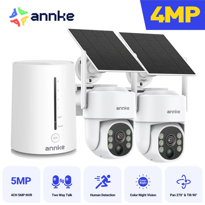 ANNKE 4MP Scalable Wireless Security Camera System 4CH 5MP Wireless Homebase NVR IP65 4MP PIR Two-way Audio Solar PT Camera