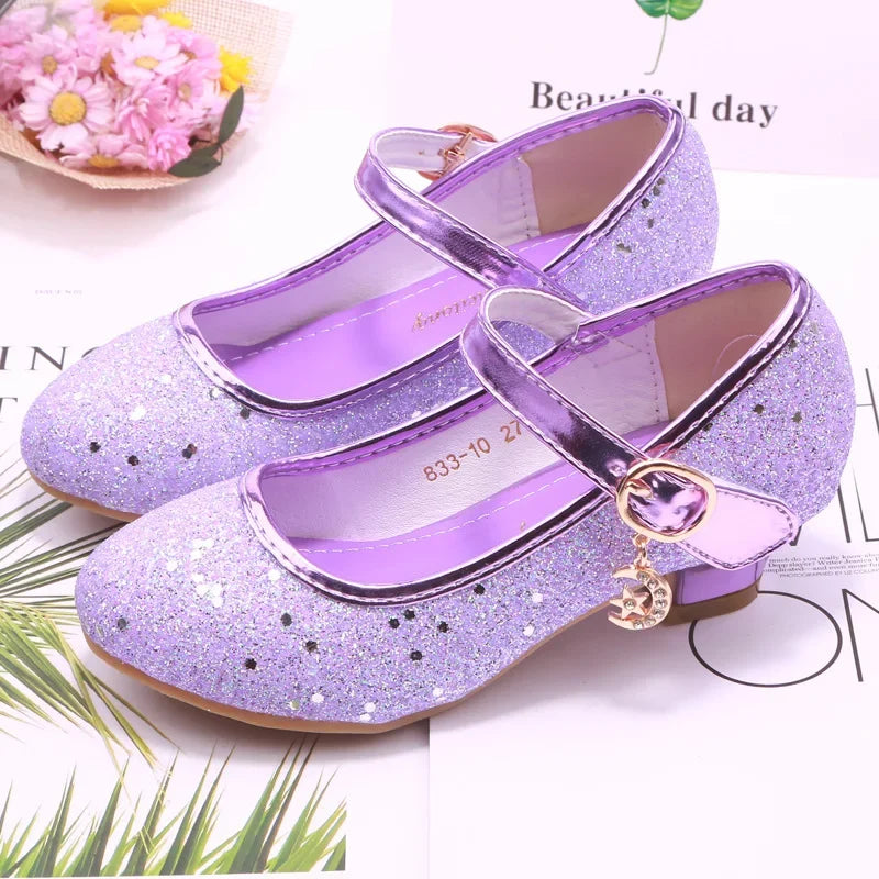 Girls High Heels Children's Leather Shoes Small Children Princess Single Shoes Sequins Students Dance Performance Gift