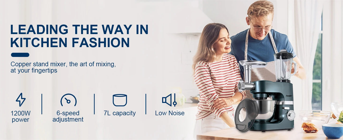 All-in-One 3-in-1 Stand Mixer with Full Metal Gears, 7L Bowl, Blender, Meat Grinder, Dough Hook, Whisk & Beater