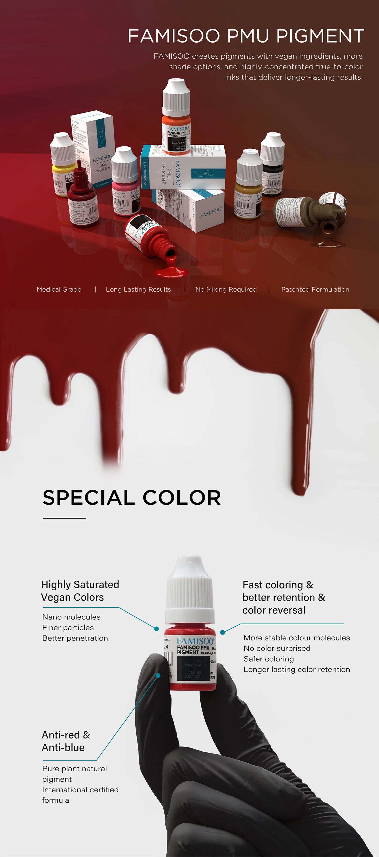 15ML FAMISOO Henna Lip Tattoo Ink Professional Permanent Makeup Pigment Rose Pink Lips Pigments Micropigmentation Tattoo Supplie