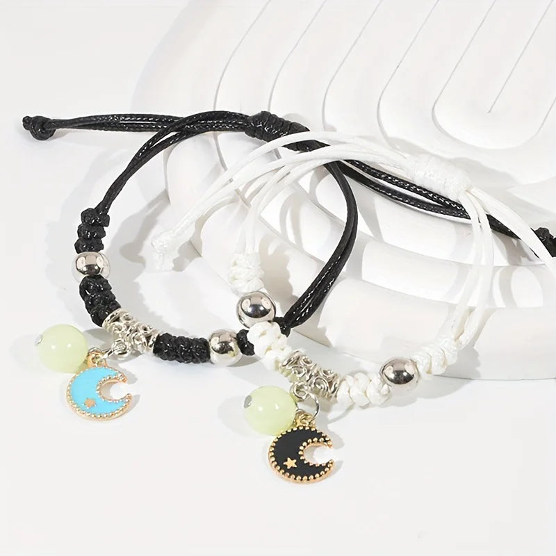 2PC Fashion Luminous Beads Star Couple Bracelet for Women Men Charm Cat Flower Heart Moon Love Matching Friend Bracelet Jewelry