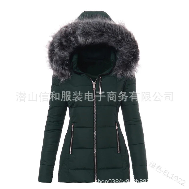 Women Parkas Jacket Cotton Coat Winter Thick Fur Collar Hooded Windproof Padded Jackets Outerwear Zipper Overcoat Office Lady