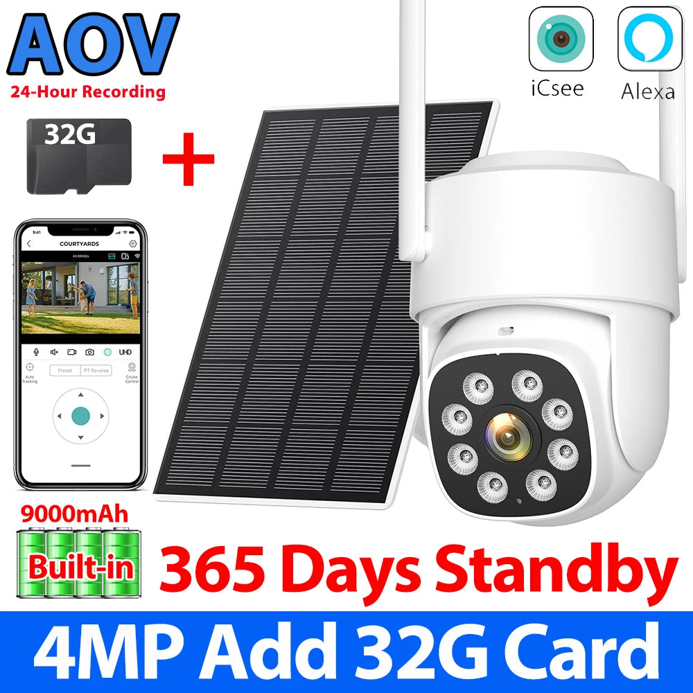8MP 4K AOV Solar Camera Wifi 7/24 Recording Wireless Outdoor Surveillance Camera Dual Lens 365 Days Standby Home Security ICSEE
