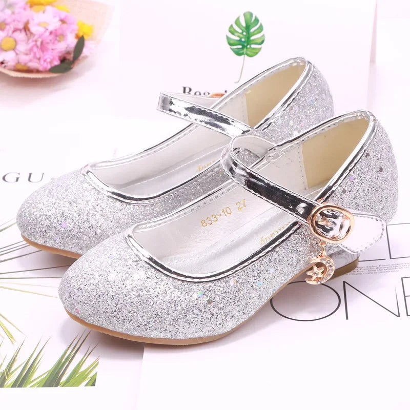 Girls High Heels Children's Leather Shoes Small Children Princess Single Shoes Sequins Students Dance Performance Gift