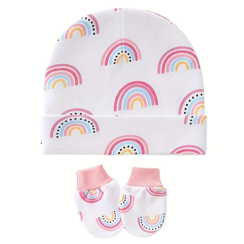 3Set/lot Newborn Baby Hat Gloves Suit Cotton Boys Girls Beanie Hats Cartoon Printed Prevent Face Infant Gloves Shower Gifts