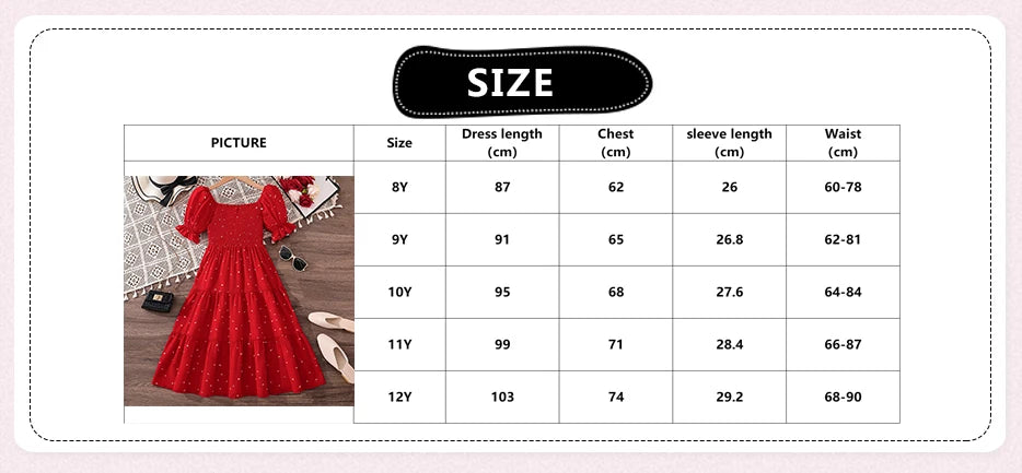 Elegant Square Neck Puff Sleeve Long Dress for 8-12 Year Old Girls Summer Sweet Ladylike Style Perfect for Valentine's Day