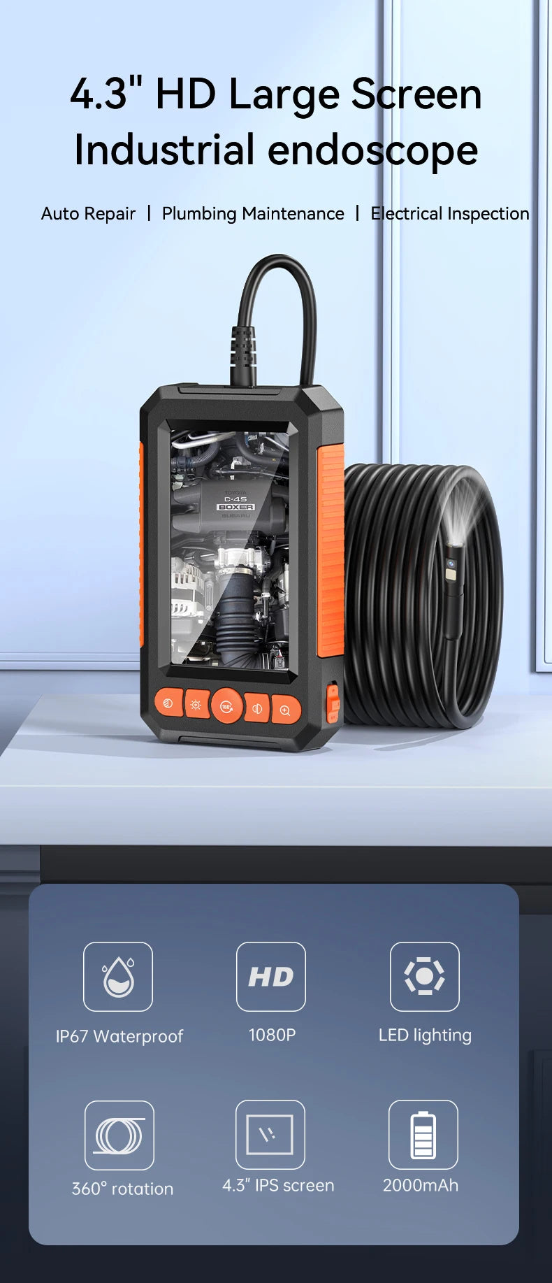 4.3 "Single&Dual Lens Industrial Endoscope Camera HD1080P Car Inspection Borescope IP67 Waterproof Sewer Camera With 8LEDs Hard