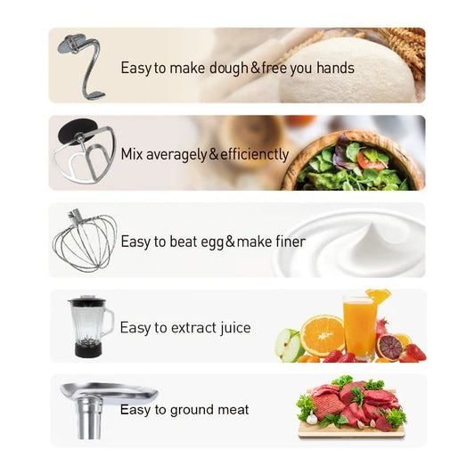 All-in-One 3-in-1 Stand Mixer with Full Metal Gears, 7L Bowl, Blender, Meat Grinder, Dough Hook, Whisk & Beater