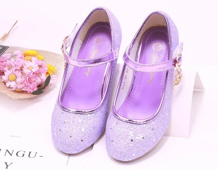 Girls High Heels Children's Leather Shoes Small Children Princess Single Shoes Sequins Students Dance Performance Gift