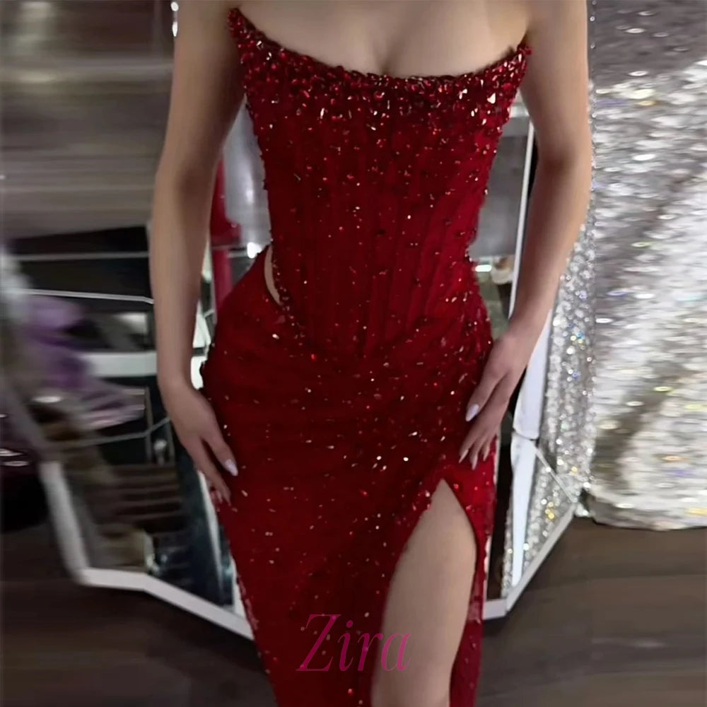 Customized Red Rhinestones Side Split Mermaid Prom Dress Cut-out Sleeveless Vestidos De Noche Floor-Length Formal Evening