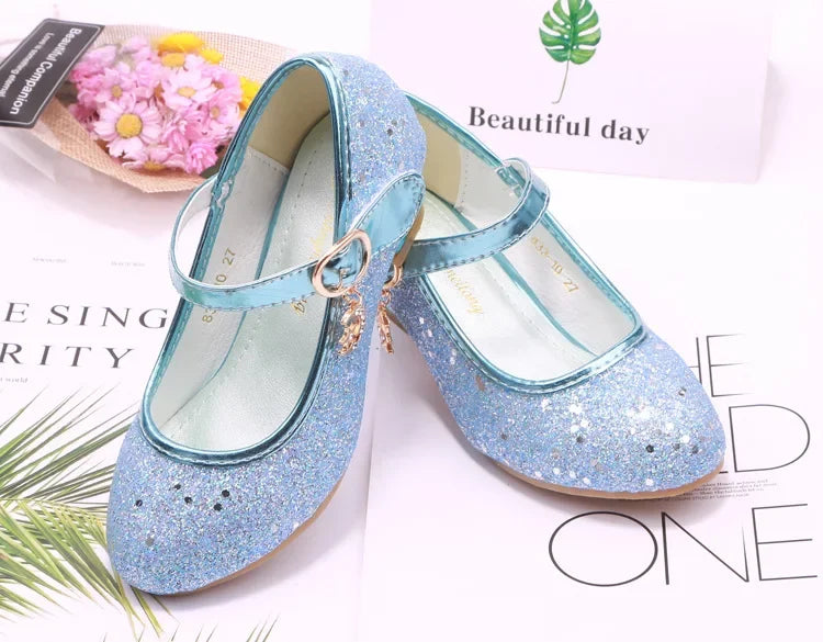 Girls High Heels Children's Leather Shoes Small Children Princess Single Shoes Sequins Students Dance Performance Gift