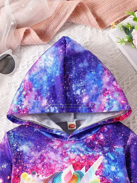 Autumn Casual And Fashionable Girls' 3d Starry Unicorn Printed Hooded Sweatshirt