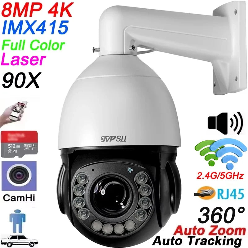 Max.512G Laser Infrared Metal Auto Tracking 4K 8MP 90X Optical Zoom 360° 2.4GHz 5GHz WIFI PTZ Speed Dome Surveillance IP Camera