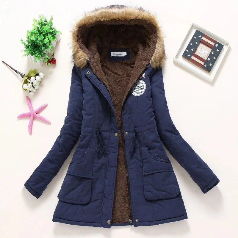 Korean Style Thickened Long Cotton Jacket Women's Winter Coat with Fleece Lining And Fur Collar Slim Fit plus Size Top