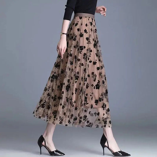 Korean Women Tulle Skirt Fashion Summer Hook Floral Loose Midi Skirt Elegant Female Casual All Match Mesh Skirts New