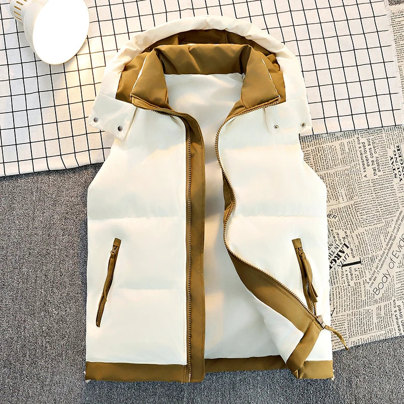 Men's Color-Block Puffer Vest with Removable Hood - Zip Closure & Flap Pockets, Water-Resistant Warm for Winter Casual Outfits