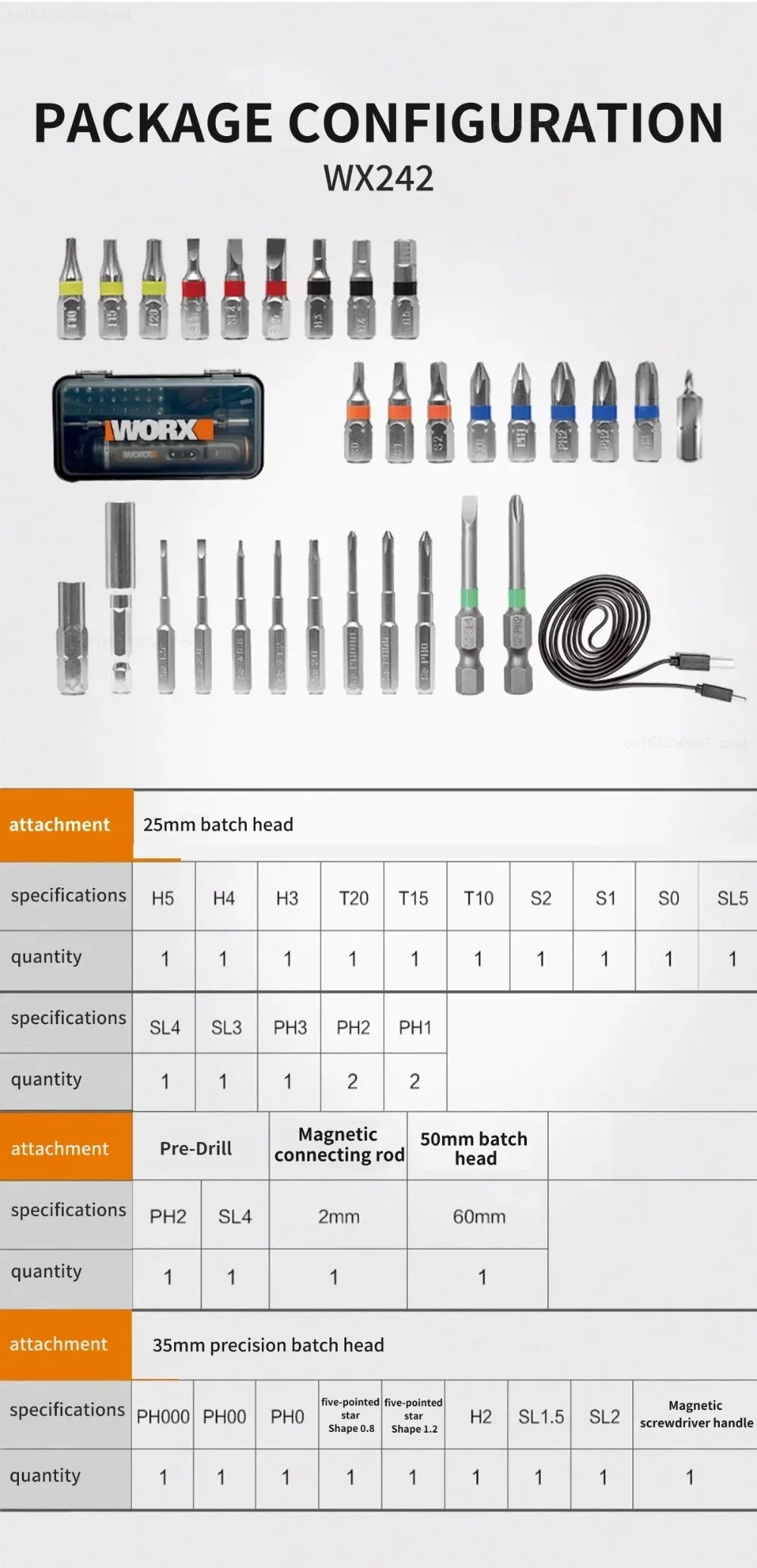 Worx 30 Bit Sets Power Tools WX242 Electrical Screwdriver Set Smart Cordless Drill Screwdrivers USB Rechargeable Set Home Repair
