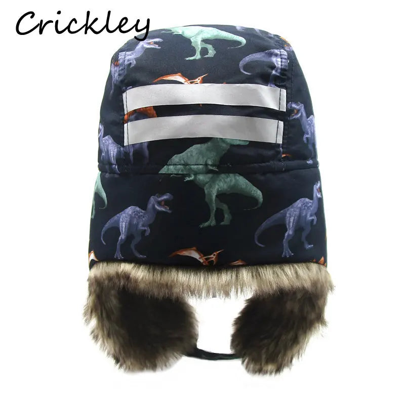 Winter Children Fur Keep Warm Hats Cartoon Dinosaur Pattern Ushanka Caps for 1-10 Years Boys Girls Windproof Soft Skiing Hat