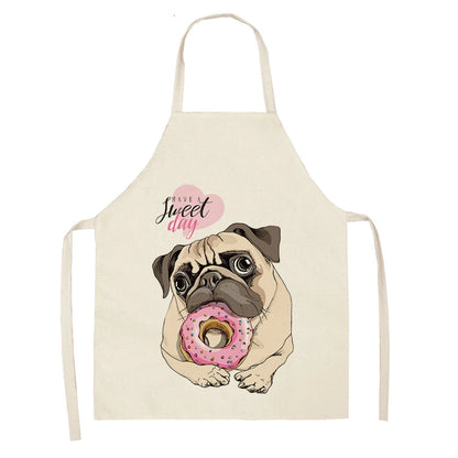 Cute Dog Pug Pattern Cotton Linen Sleeveless Chef Apron Kitchen Aprons Women Home Cooking Baking Waist Bib Pinafore 55x68cm