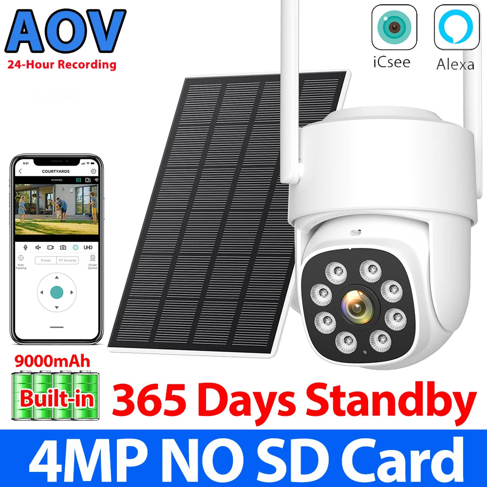 8MP 4K AOV Solar Camera Wifi 7/24 Recording Wireless Outdoor Surveillance Camera Dual Lens 365 Days Standby Home Security ICSEE
