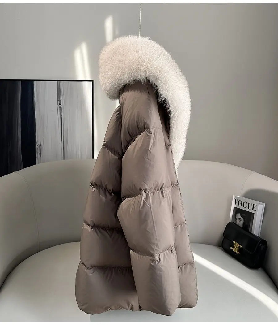 2025 Winter New Mid-length Temperament White Goose Puffer Parkas Women Fox Fur Detachable Large Lapel Fur Down Jacket High Qual