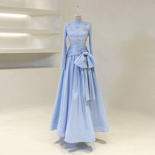 Modest Evening Party Dresses for Women 2025 High Collar Long Sleeves Formal Gowns Long A Line Crystal Bow Wedding Guest Dress