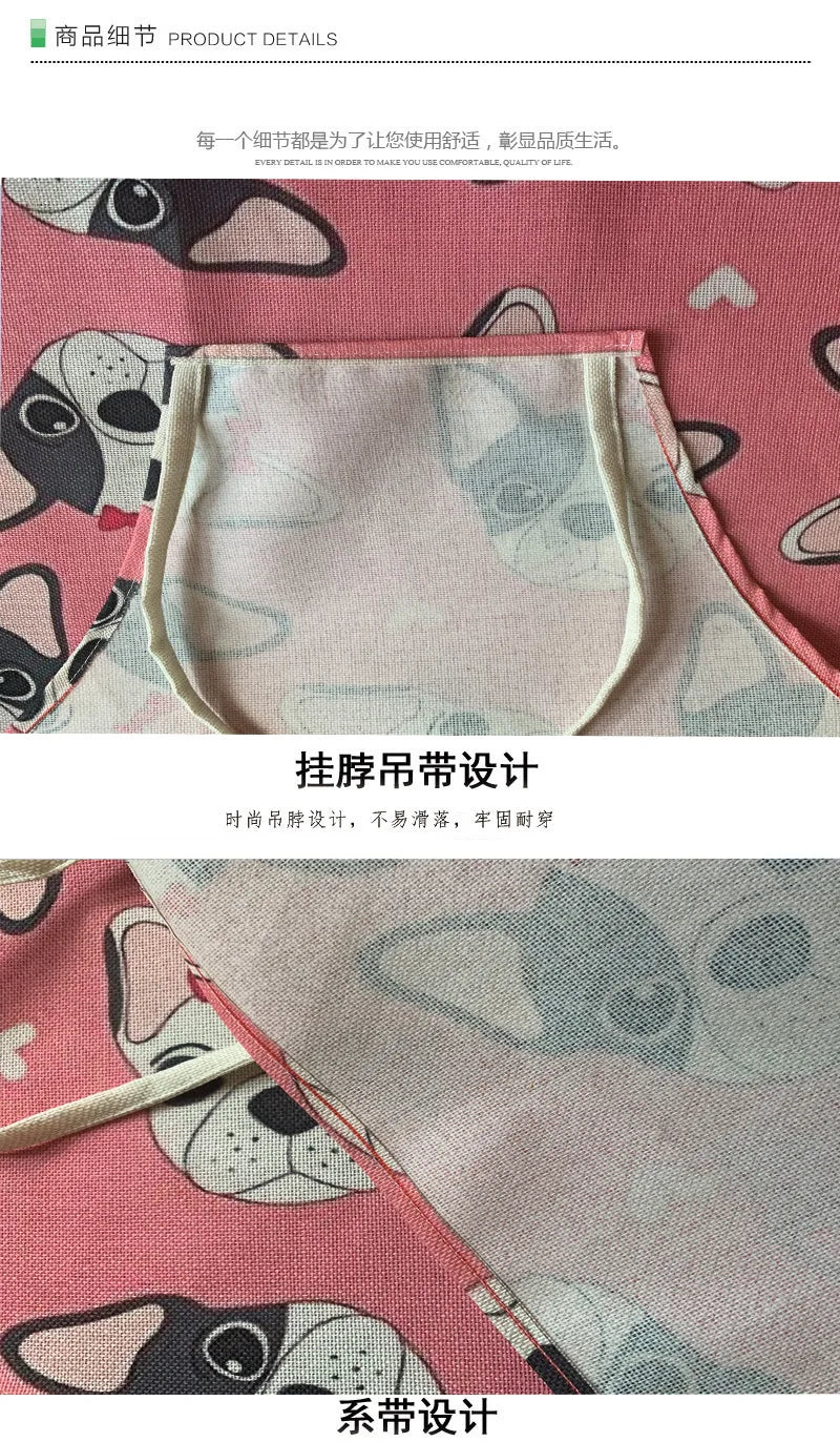 Cute Dog Pug Pattern Cotton Linen Sleeveless Chef Apron Kitchen Aprons Women Home Cooking Baking Waist Bib Pinafore 55x68cm