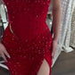 Customized Red Rhinestones Side Split Mermaid Prom Dress Cut-out Sleeveless Vestidos De Noche Floor-Length Formal Evening
