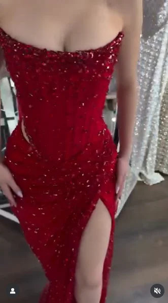 Customized Red Rhinestones Side Split Mermaid Prom Dress Cut-out Sleeveless Vestidos De Noche Floor-Length Formal Evening