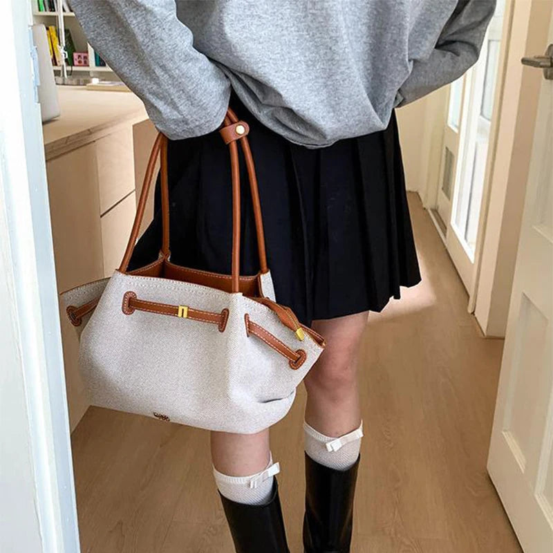 Luxury Canvas Dumpling Handbag Vintage Large Capacity Tote Bag Brand Pleated Drawstring Design Versatile Fashion Shoulder Purse