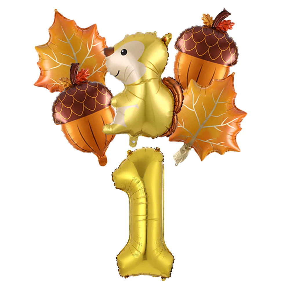 6Pcs Autumn Forest Animals Kids Birthday Party Decoration Squirrel Pine Cone Foil Balloon With 0-9 Number Ball Thanksgiving Gift