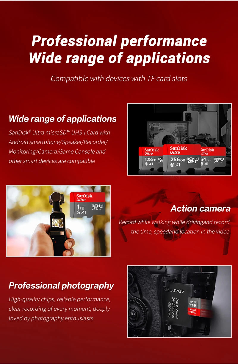 100% Original SanDisk Micro SD Card A1 A2 Memory Card 32GB 64GB 128GB 256GB 512GB 1TB microSD TF Card Storage UHS-I Cards U1 U3