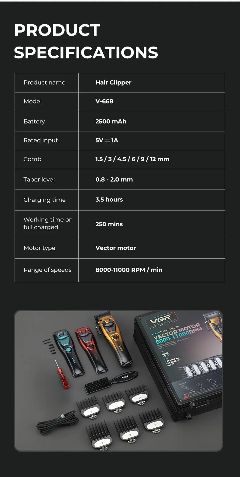 VGR Hair Clippers Vector Motor Professional Hair Cut Machine 11000RPM  Electric Clippers Adjustable Metal Trimmers for Men V-668